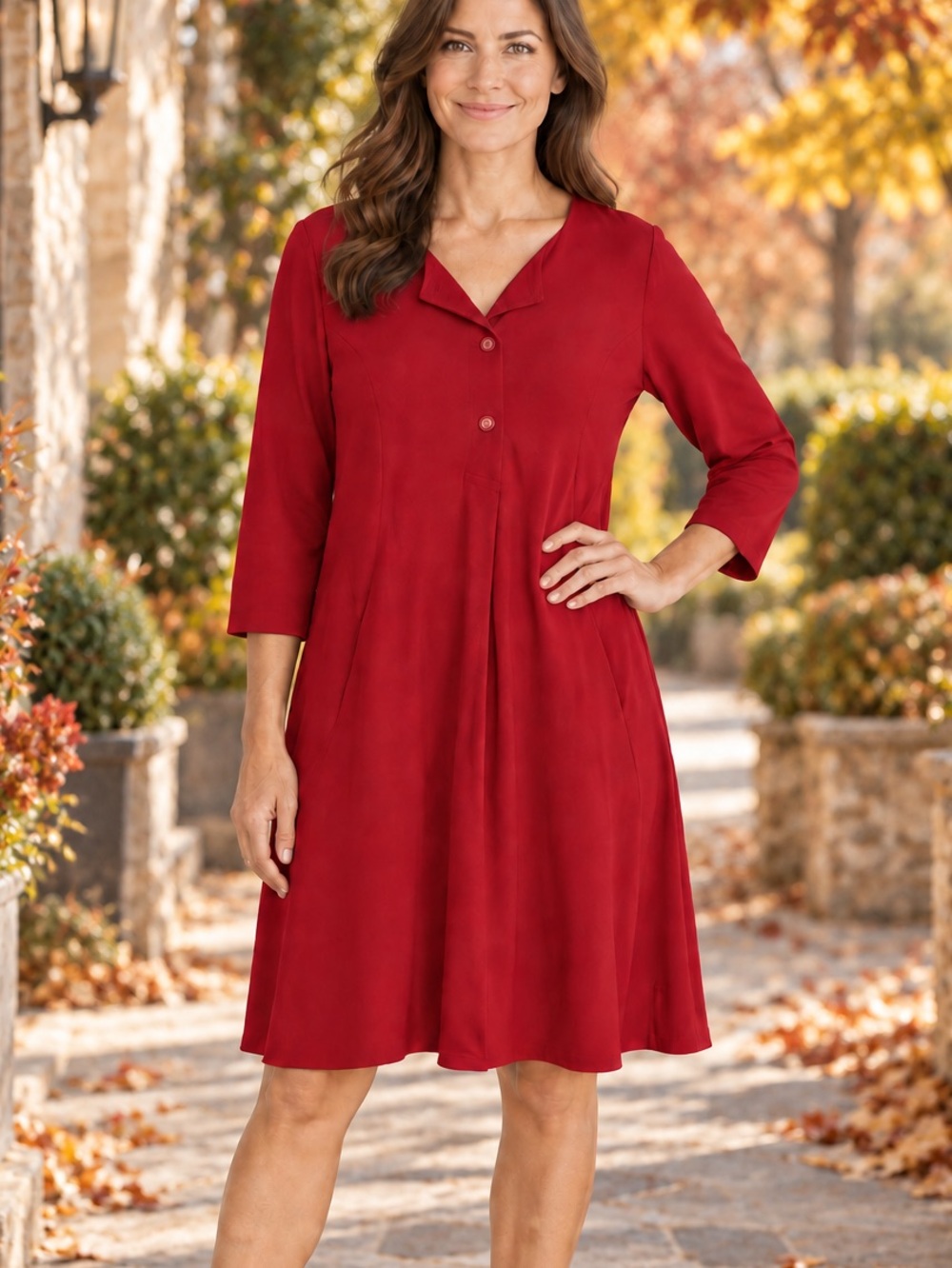 NWT Gretchen Scott Ursula Ponte Knit Midi Dress Uptown Girl Red 3/4 Sleeves L